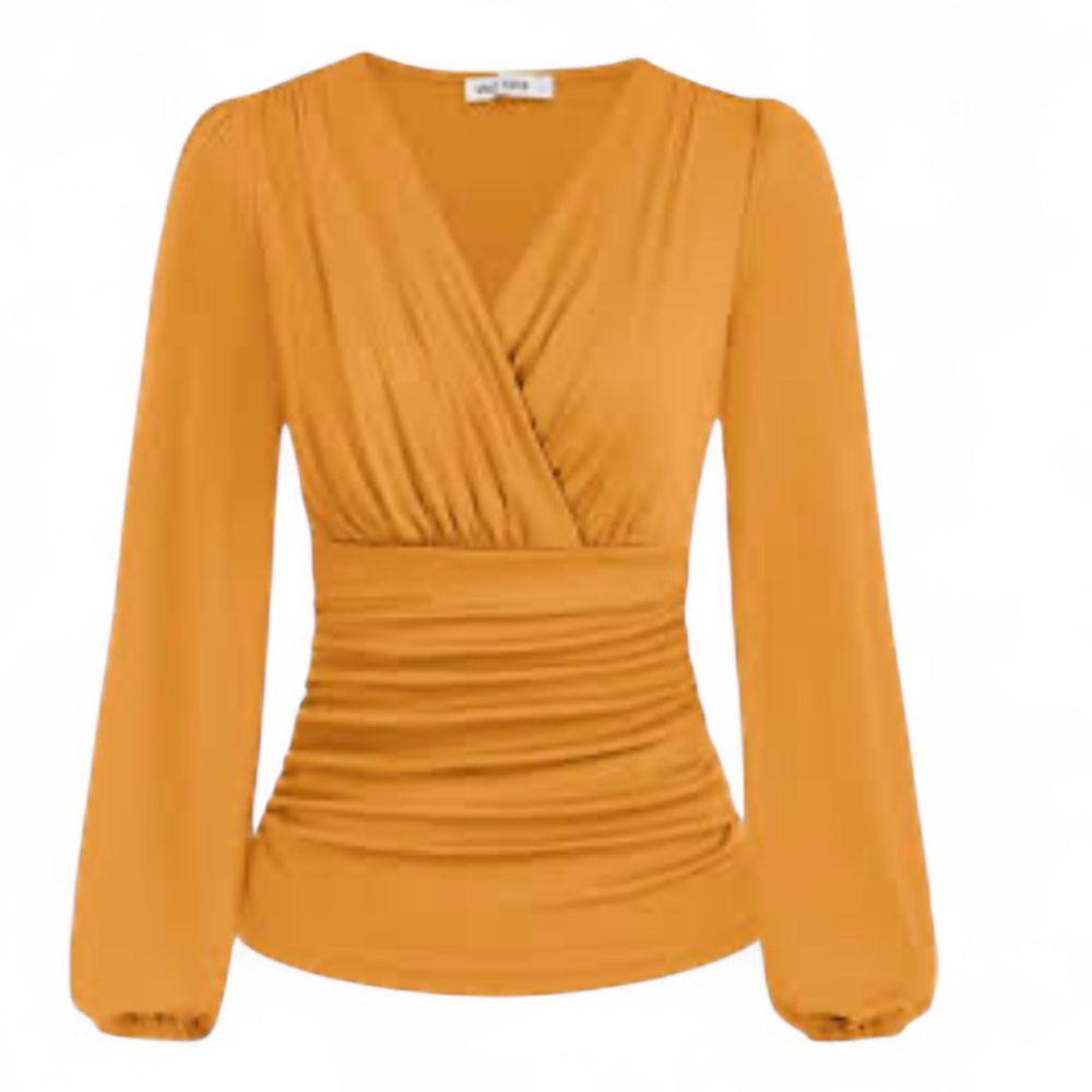 NWT Grace Karin women’s Medium long sleeve faux wrap mustard orange blouse